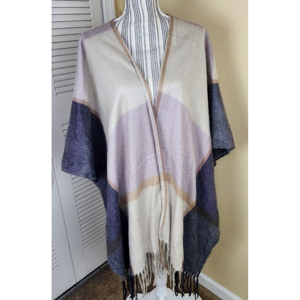 Woolrich Color Block Open Front Fringe Soft Poncho Shawl Blanket OS Comfy